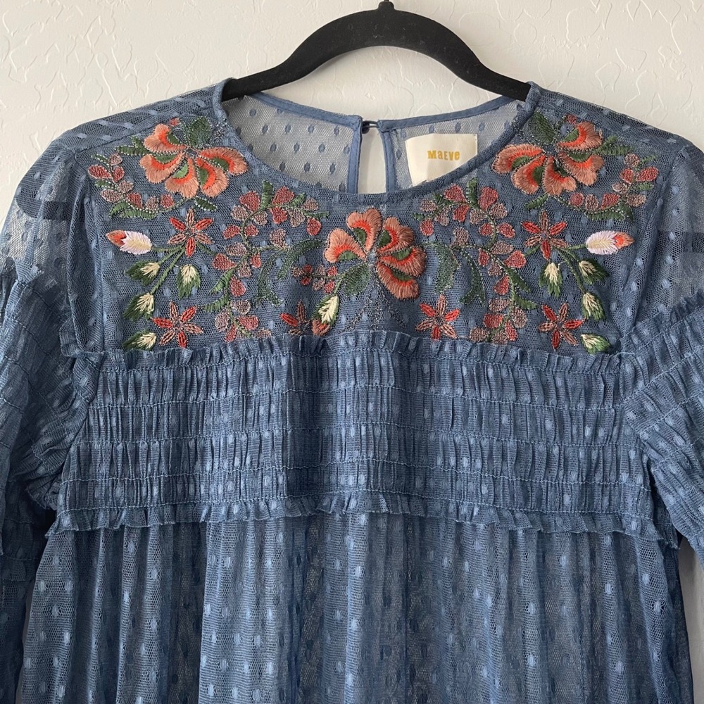 Anthropologie Maeve Blue Sarama Embroidered Tunic Dress Small Long Sleeve Ruffle